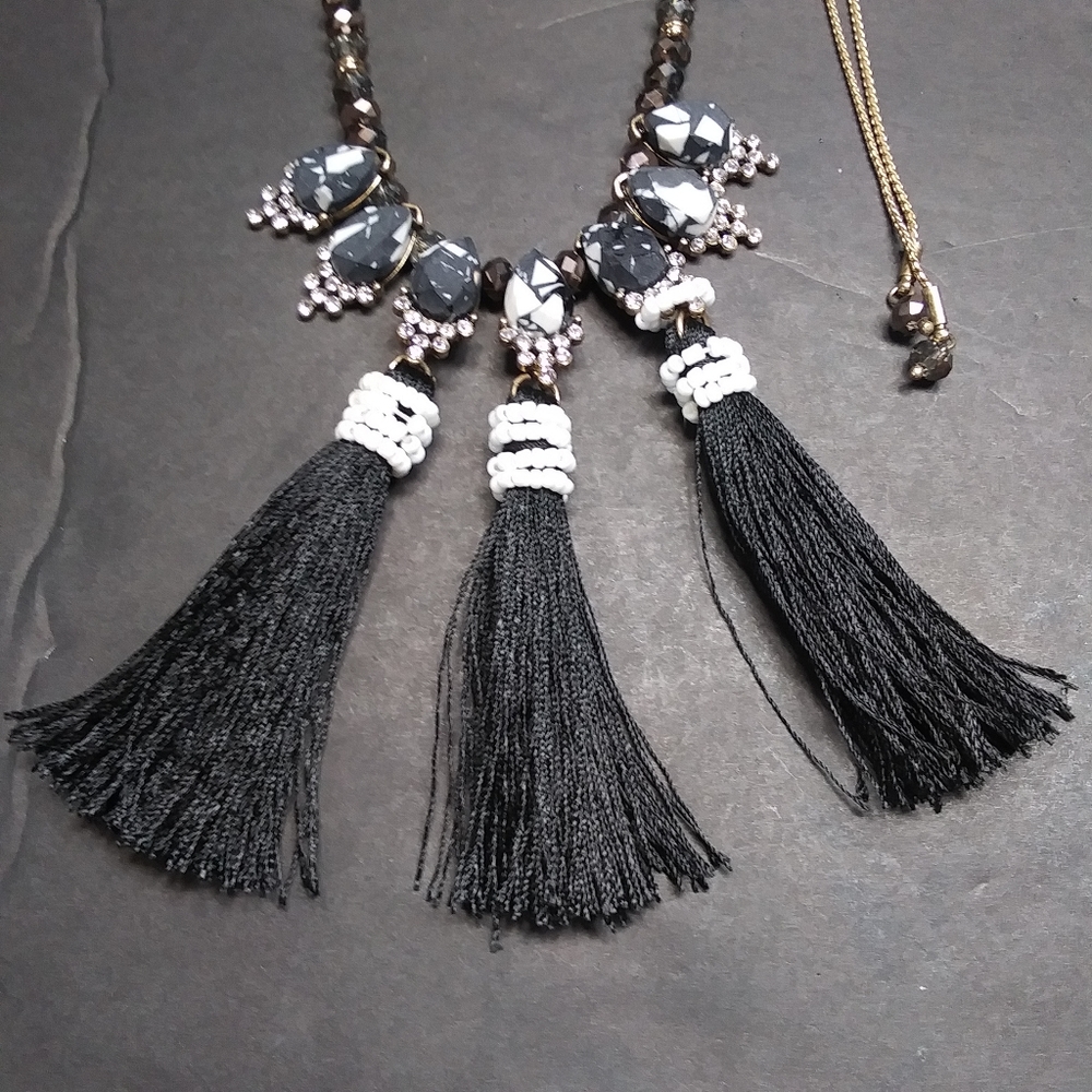STEVE MADDEN Marbled Stone Beads & Black Tassels Goldtone Statement Necklace NWT